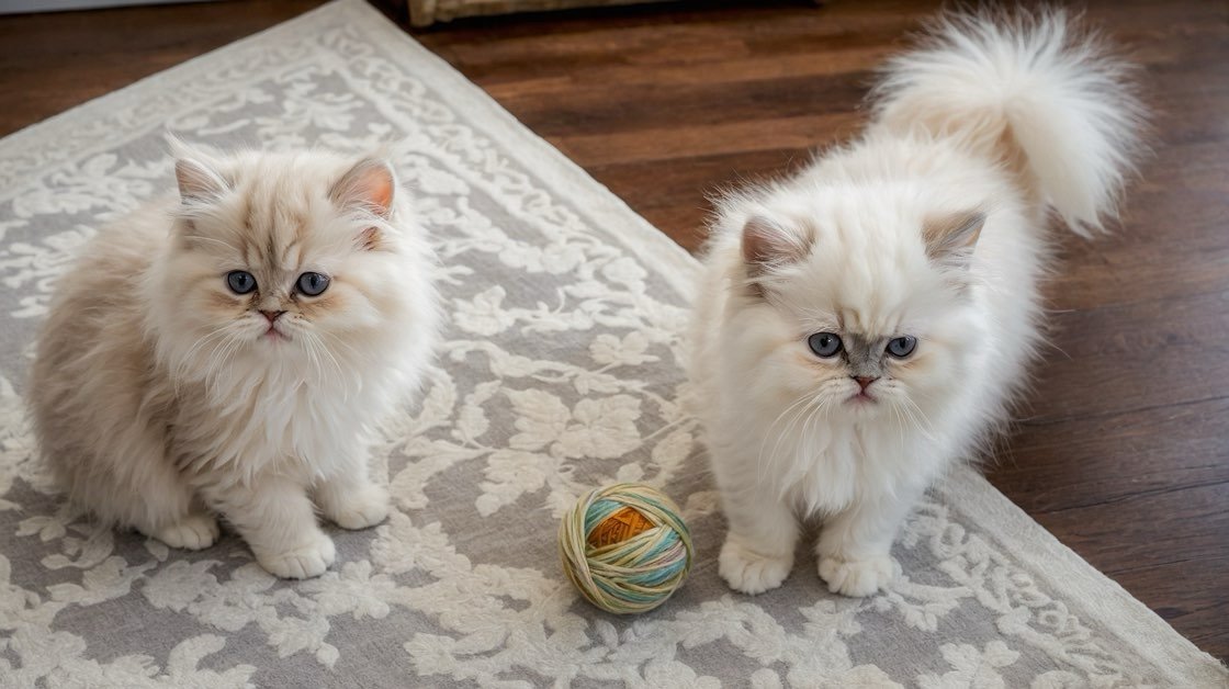 Two Persian kittens cuddling closely together in their forever home.