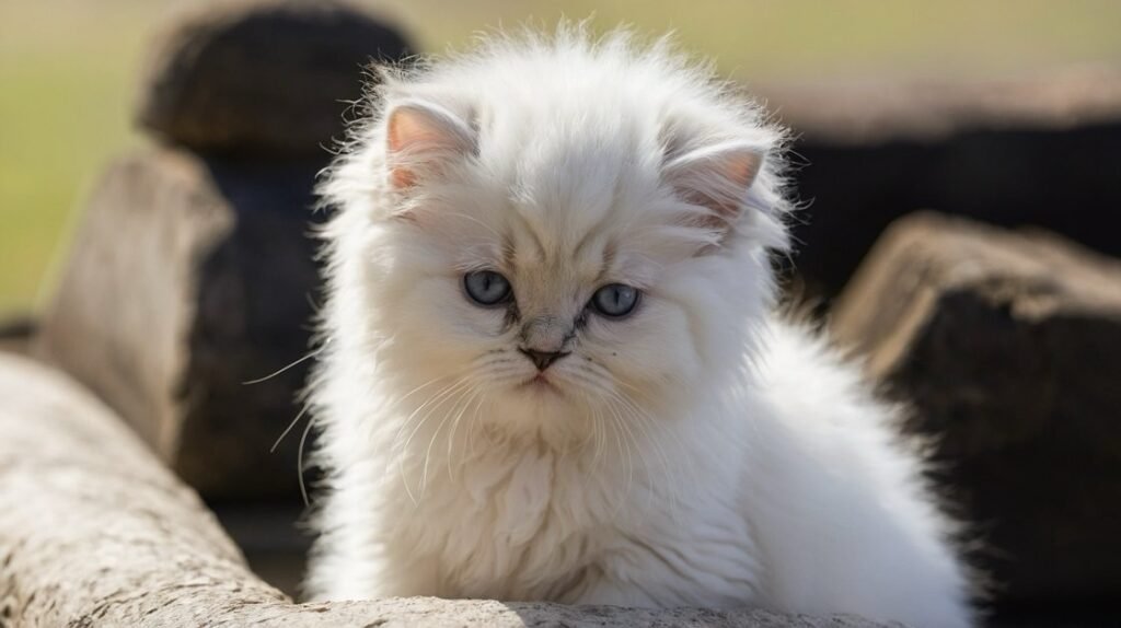 White Persian kitten with fluffy coat sitting outdoors on a stone.