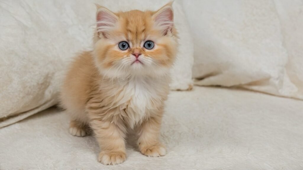 Golden Persian kitten with round blue eyes sitting on a sofa.