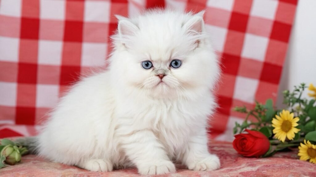 White Persian kitten sitting in front of a red checkered blanket.