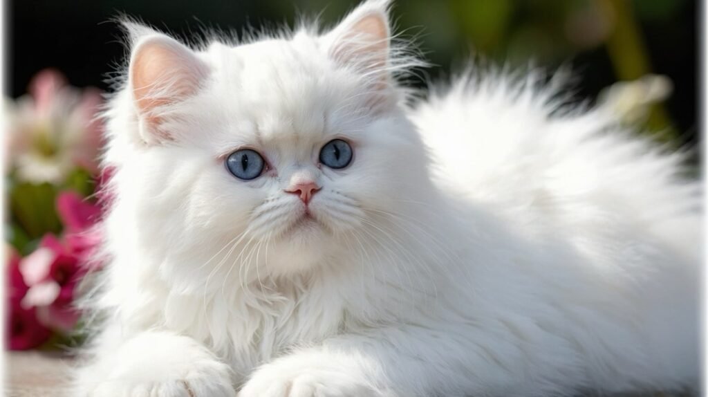 White Persian kitten with striking blue eyes lying in the garden.