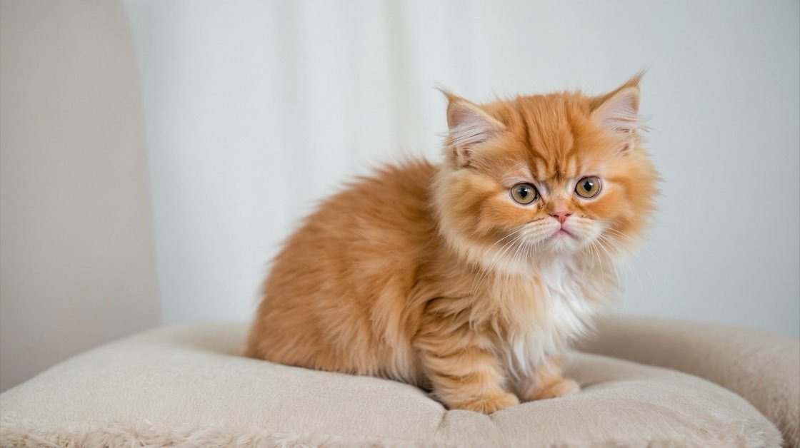 ginger Persian kitten sitting alert on couch.