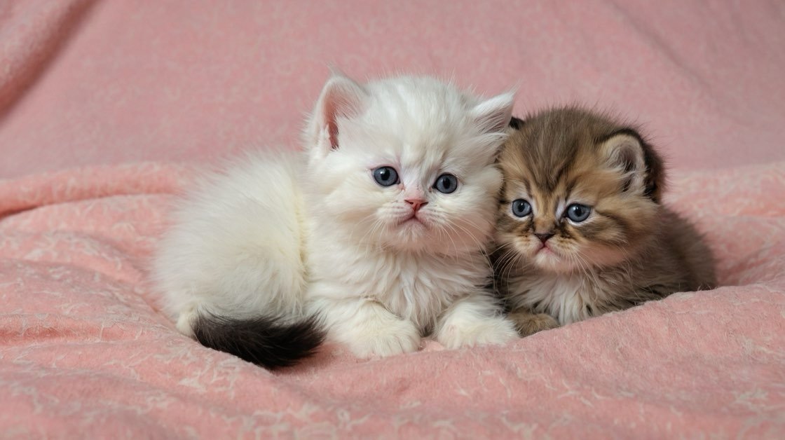 White and golden Persian kittens on a pink blanket, now happily adopted.