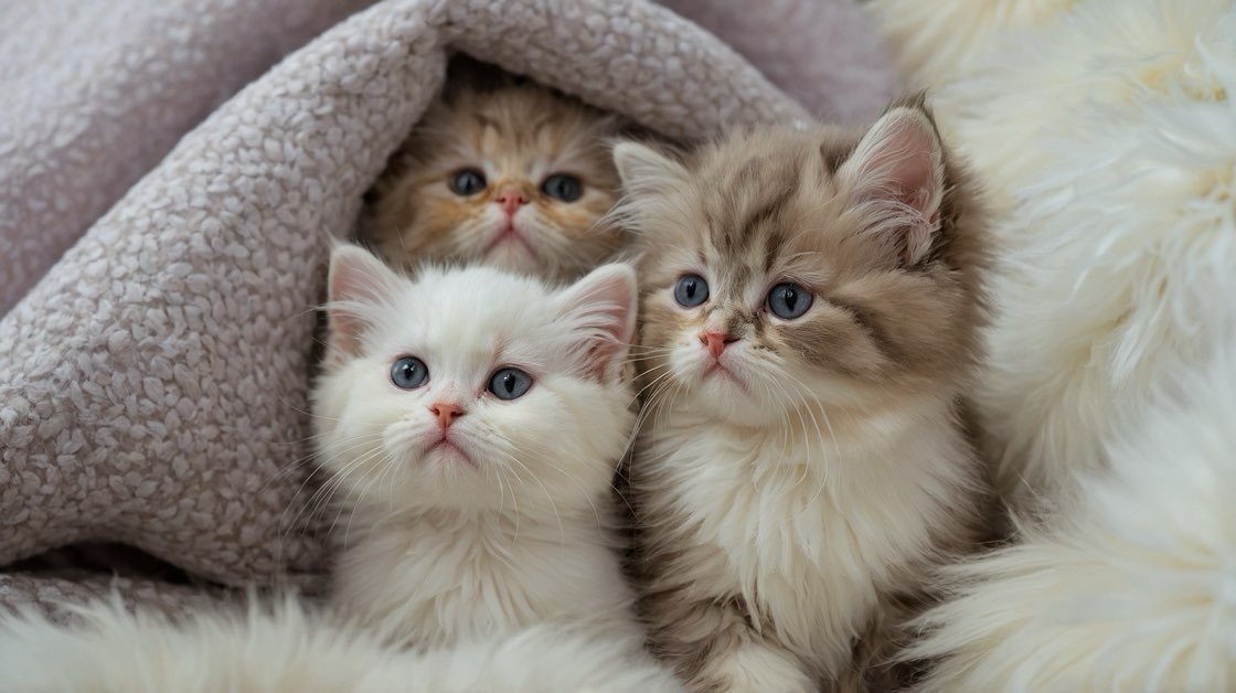 Three Persian kittens cuddled together under a blanket – all now adopted.