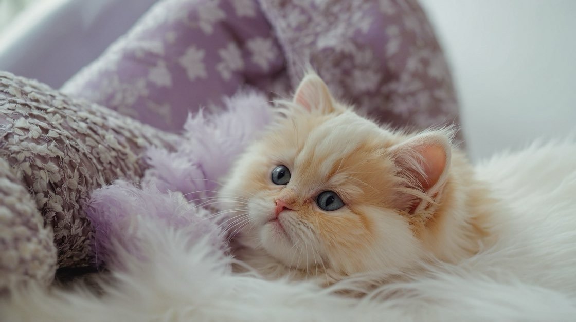 Fluffy orange Persian kitten lounging on a soft blanket before going to his forever home.