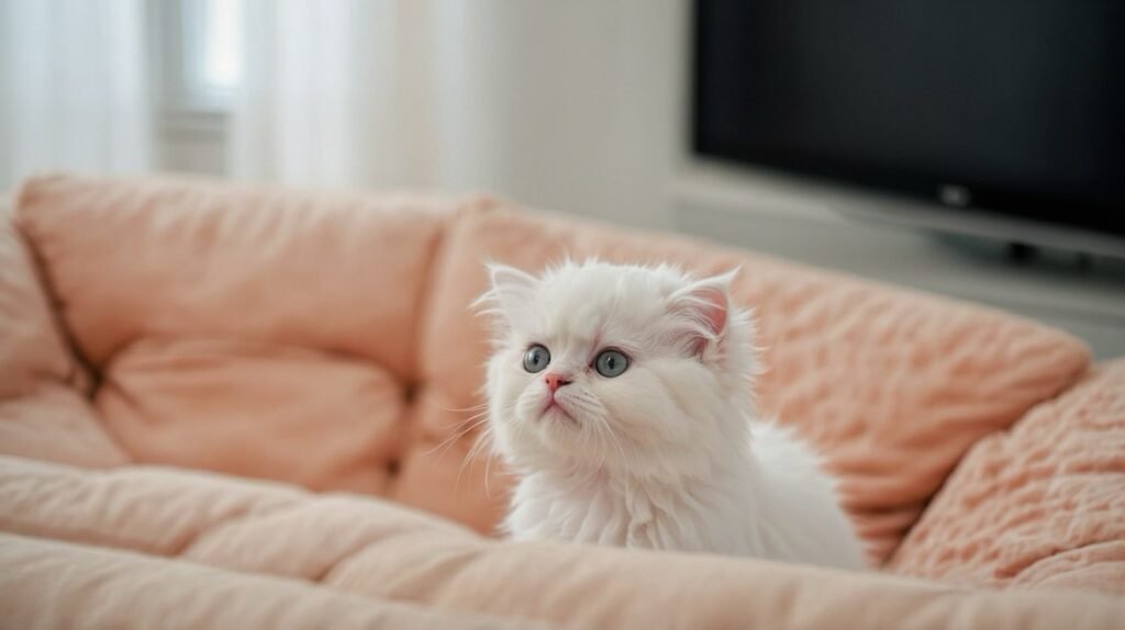 White Persian kitten sitting on soft peach bedding.