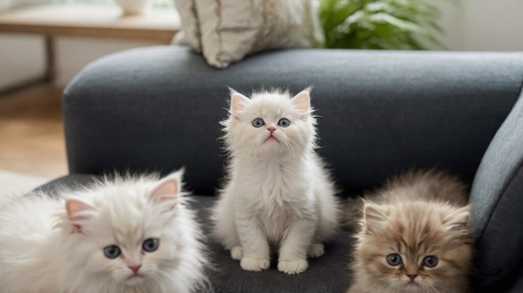 Three Persian kittens sitting on a sofa—two white and one golden, looking curious